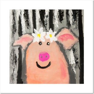 Funny pig with flowers Posters and Art